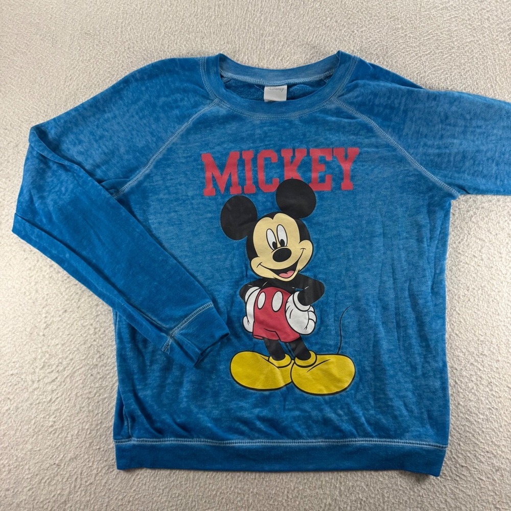 Disney Mickey Mouse Sweatshirt Kids M 7/9 Blue Raglan Graphic Top Retro Burnout